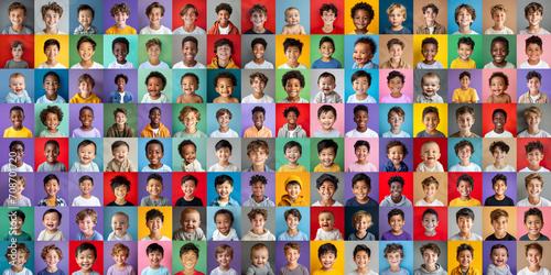 Portraits of many happy boys, children, babiies and and teenagers as a panorama photo