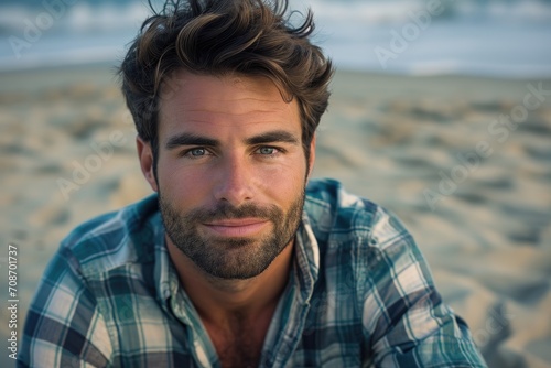 Close-up studio portrait of a man with a casual  laid-back style  isolated on a beach background