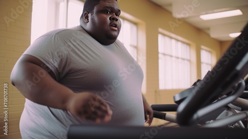 Overweight black man runs on treadmill in sports club with panoramic windows overlooking sunny city