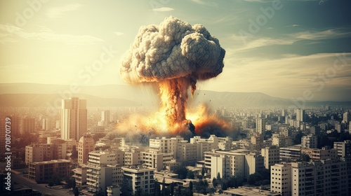 Explosion of nuclear bomb in the city. Nuclear war threat concept.