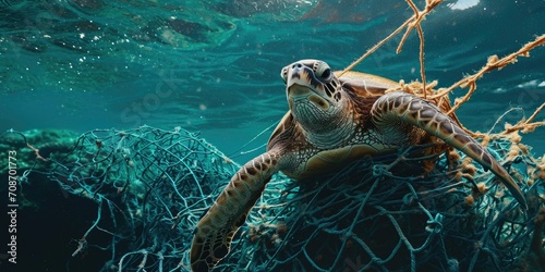 Green sea turtle tangled in fishing net. Concept of environmental pollution.  photo