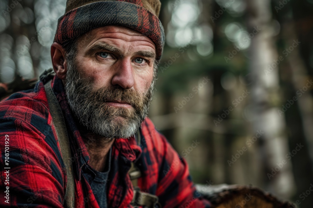 Close-up studio portrait of a man with a rugged, lumberjack style, isolated on a woodland background Close-up studio portrait of a man with a rugged, lumberjack style, isolated on a woodland background