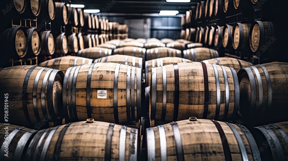 Vintage oak barrels of craft beer, whiskey, wine or brandy. Wine vaults.
