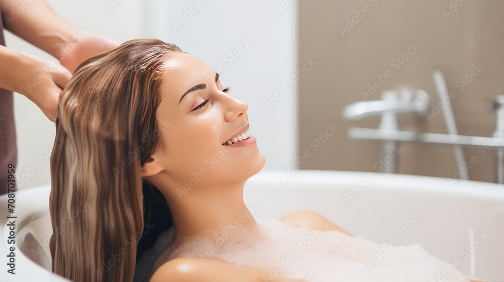 Pleasured young woman enjoys head massage taking foamy bath in cosmetology salon Pleasured young woman enjoys head massage taking foamy bath in cosmetology salon
