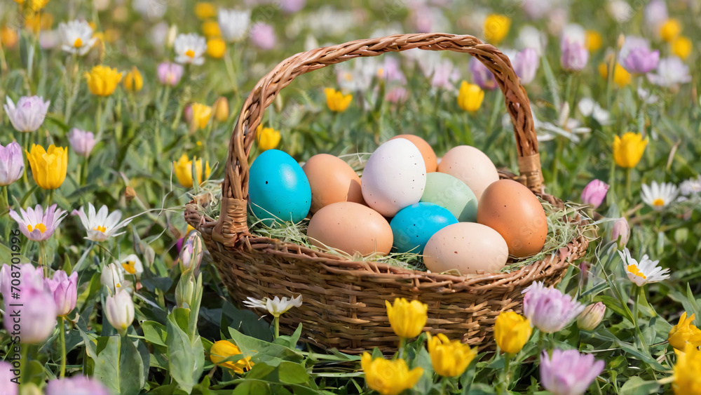 Basket with easter eggs in a field of flowers