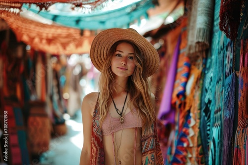 Bohemian model exploring a colorful market in a foreign country