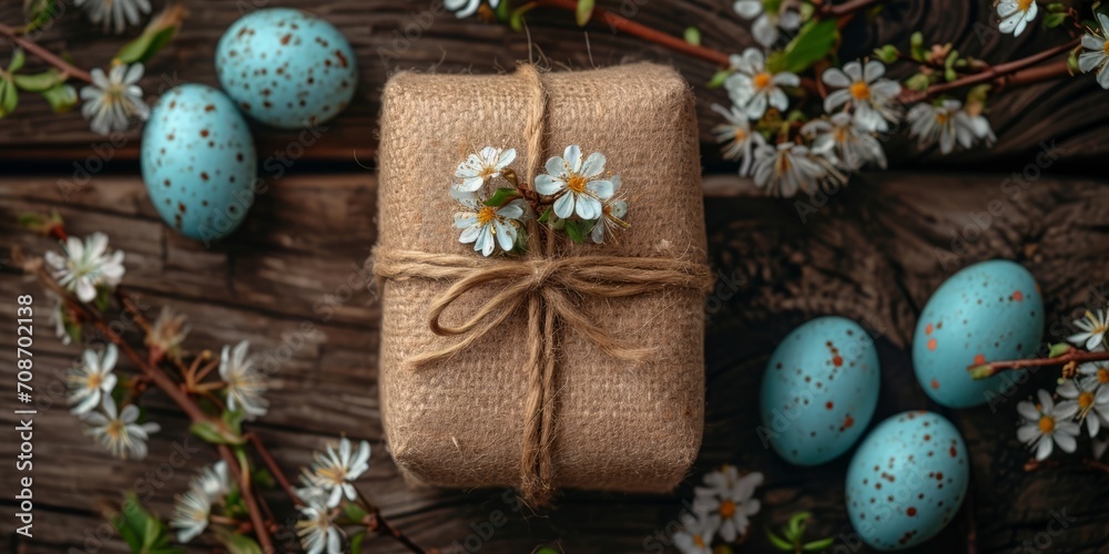 Fototapeta premium Easter table setting, overhead aerial shot, rustic background, AI generated