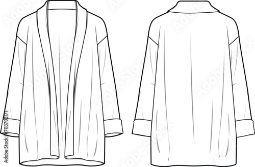 Women's Knit Kimono Cardigan. Cardigan technical fashion illustration. Flat apparel cardigan template front and back, white color. CAD mock-up.