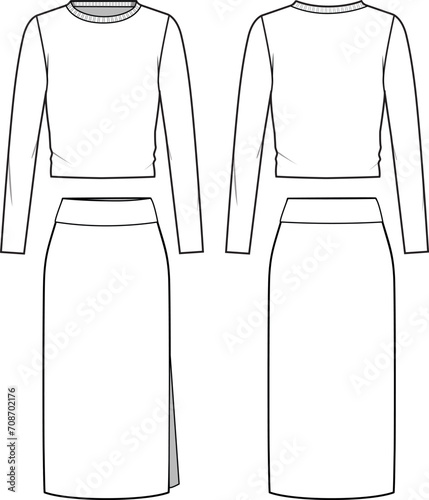 Women's Knit Jumper and Skirt Set. Set technical fashion illustration. Flat apparel set template front and back, white colour. Women's CAD mock-up. photo