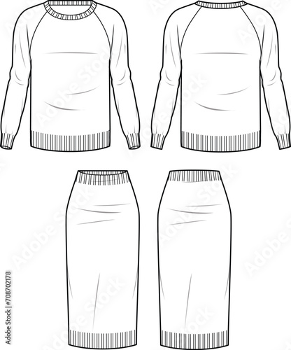 Women's Knit Set. Set technical fashion illustration. Flat apparel set template front and back, white colour. Women's CAD mock-up.