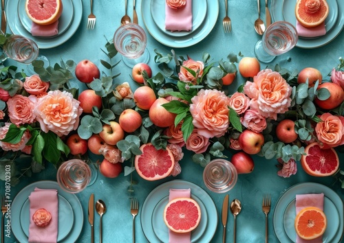 Photograph of minimalistic colourful party table setting, AI generated