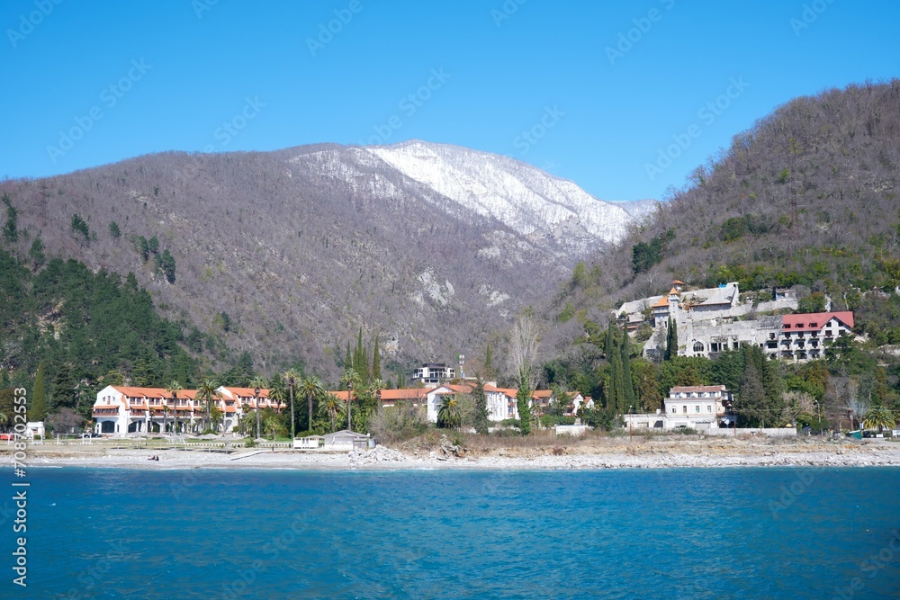 View from the sea to the historical castle of the Prince of Oldenburg in the Republic of Abkhazia
