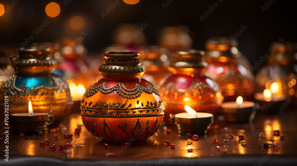 portrayal of traditional Indian oil lamps for the Diwali festival. Generative AI portrayal of traditional Indian oil lamps for the Diwali festival. Generative AI