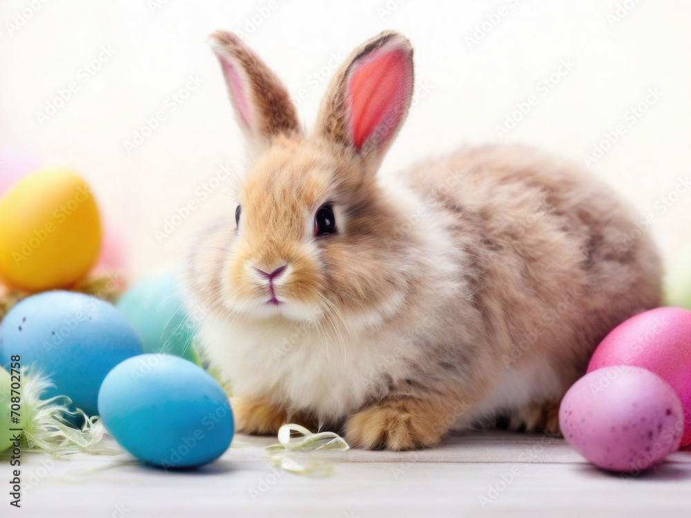 Fluffy little bunny and colorful Easter eggs