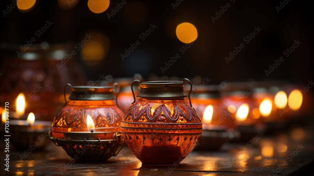 portrayal of traditional Indian oil lamps for the Diwali festival. Generative AI portrayal of traditional Indian oil lamps for the Diwali festival. Generative AI