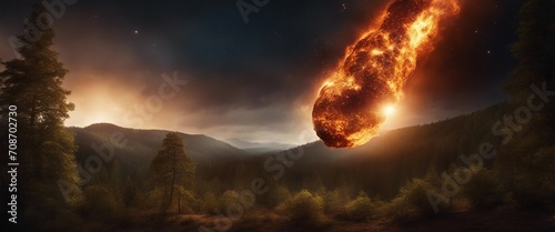 Burning meteorite or asteroid rapidly crossing the dark sky, with a trail of fire, forest landscape. #708702730