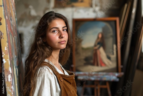 Model as a renaissance painter in a historic art studio