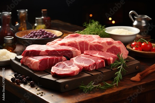 Various cuts of raw meat on a wooden board photo