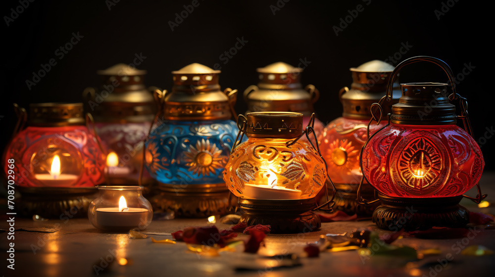 portrayal of traditional Indian oil lamps for the Diwali festival. Generative AI portrayal of traditional Indian oil lamps for the Diwali festival. Generative AI