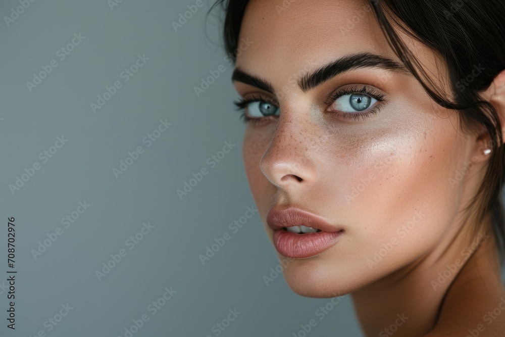 Close-up studio portrait of a woman with a minimalist, modern look, isolated on a slate grey background Close-up studio portrait of a woman with a minimalist, modern look, isolated on a slate grey background