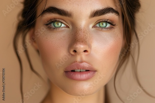 Close-up studio portrait of a woman with striking green eyes, isolated on a beige background