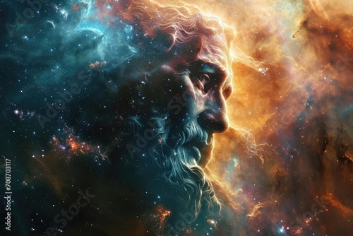 Jesus' face emerging from a cosmic nebula