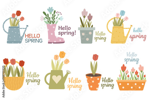 Hi spring! Set of cute spring flowers in pots. Hand drawn vector illustration.