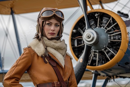 Model in a vintage aviator outfit next to a classic biplane