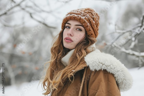 Model in winter fashion Snowy landscape
