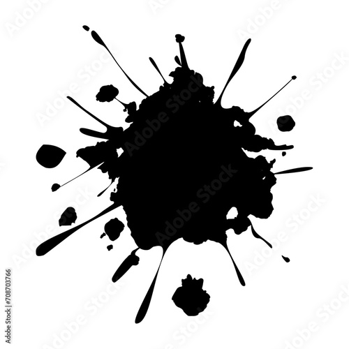 Ink blot and splatter. Spots from a blotter, splashes of drops of liquid ink paint. Artistic dirty grunge abstract dotted vector set. Illustration monochrome drip splash, dirty ink blots
