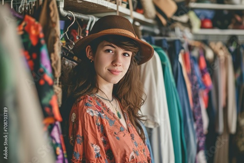 Vintage clothing collector in a thrift shop Exploring the world of secondhand fashion photo