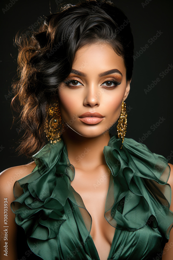portrait of a woman Valentines makeup bold statements green black with hair