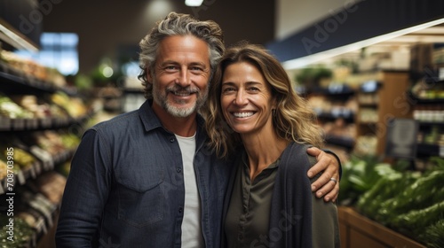 Happy couple grocery shopping together