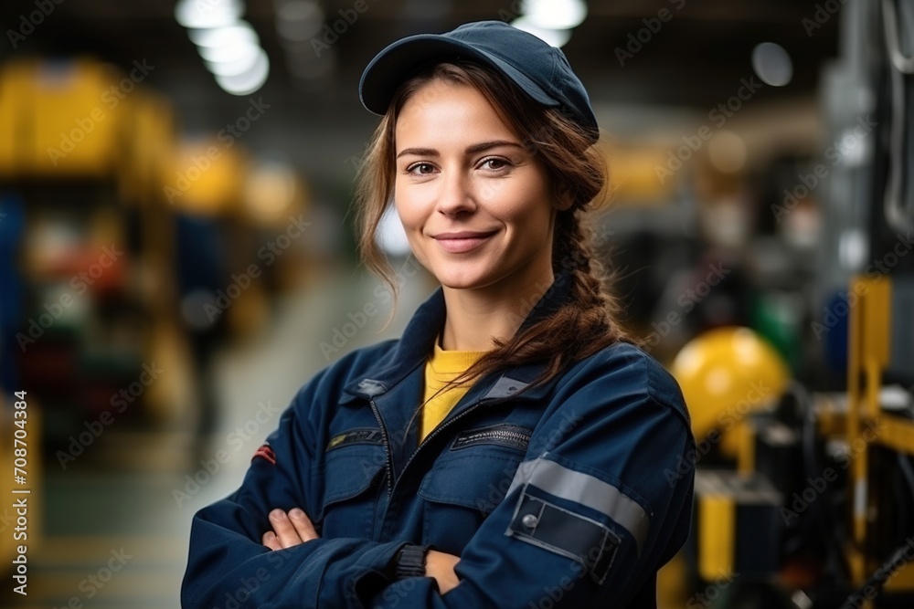 Portrait of a female engineer in a blue uniform smiling