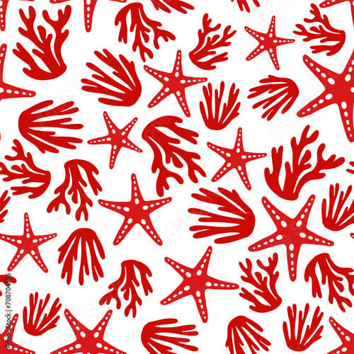 Vector seamless pattern with red coral and starfish.