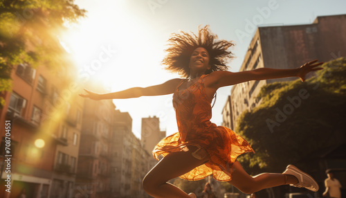 A happy beautiful black woman dancing in the street on a sunny day