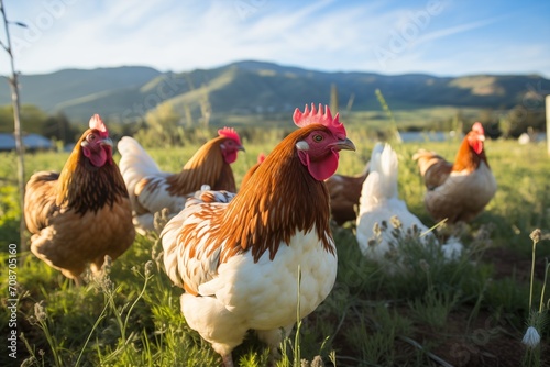 A flock of chickens roam freely in a lush green field, summer, mountains, nature