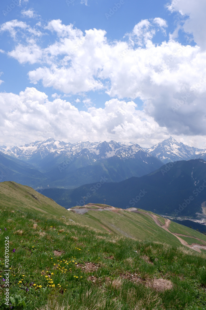 View of an idyllic mountain scenery in the Alps with fresh green meadows blooming on a beautiful sunny day, snow-capped mountains in the distance