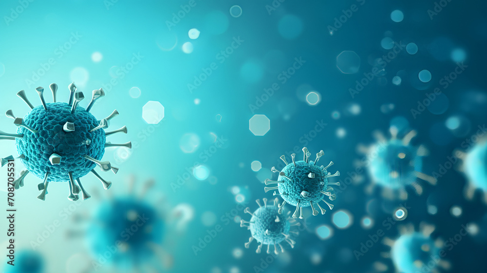 Obraz premium A 3D digital illustration of spherical viruses with surface spikes on a teal background, providing ample copy space for text