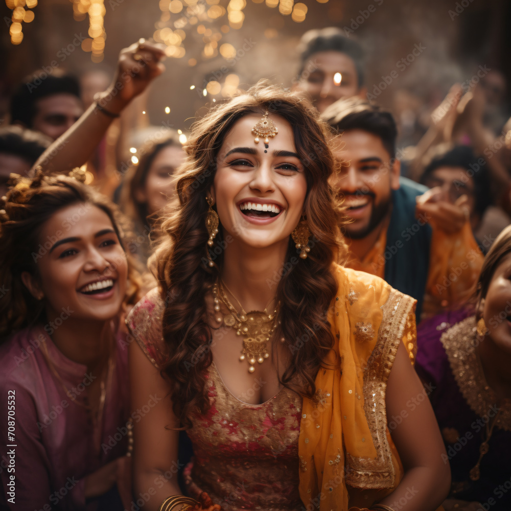 Young adults in vibrant traditional attire with cheerful smiles. Generative AI Young adults in vibrant traditional attire with cheerful smiles. Generative AI