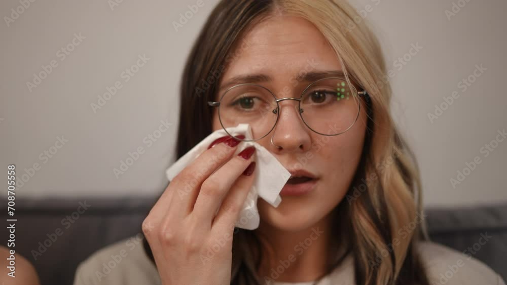Close-up of the face of a girl with glasses, who is crying and wiping her tears with a handkerchief. The girlfriends lay their heads, on the girl's shoulders Close-up of the face of a girl with glasses, who is crying and wiping her tears with a handkerchief. The girlfriends lay their heads, on the girl's shoulders