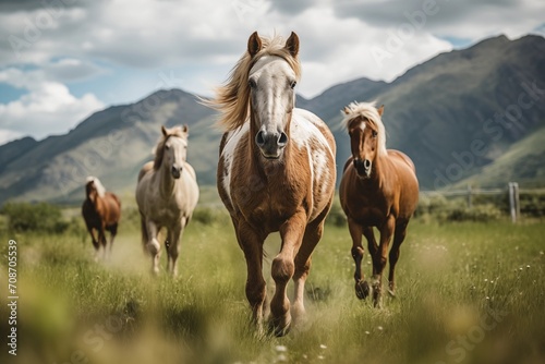 Thoroughbred horses walking in a field at sunrise. summer  glade  grass  mountains  great weather  beautiful horses walking