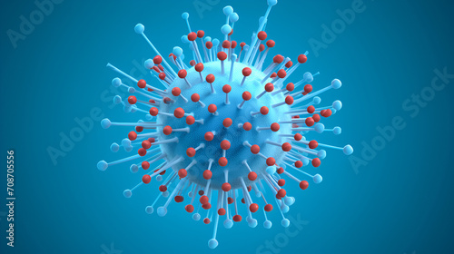 3D illustration detailed Blue virus with red spikes. Flu virus, coronavirus and covid-19 on a blue background with copy space. Microbiology and the science of virology.
