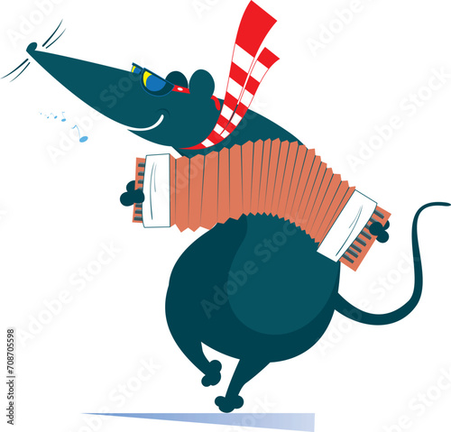 Cute rat or mouse playing accordion and singing. 
Cartoon rat or mouse performing music on the accordion with inspiration. Isolated on white background
