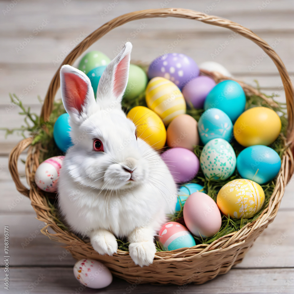 Easter Bunny sits in a basket with Easter eggs, Generative ai Easter Bunny sits in a basket with Easter eggs, Generative ai