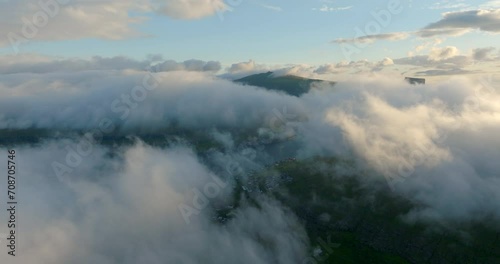 Wallpaper Mural Aerial Forward Shot Of Houses Seen From Fluffy Clouds On Island - Faroe Islands, Denmark Torontodigital.ca