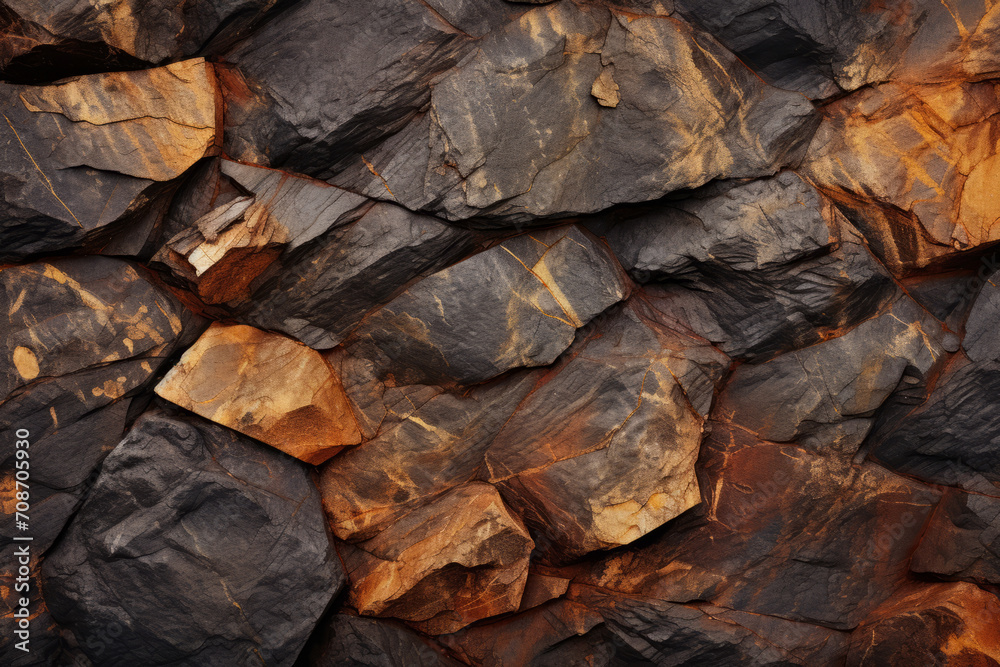 Charred wood or stone bark black and gold texture. Stacked wall with golden accents. Mineral Copper Background Created Charred wood or stone bark black and gold texture. Stacked wall with golden accents. Mineral Copper Background Created