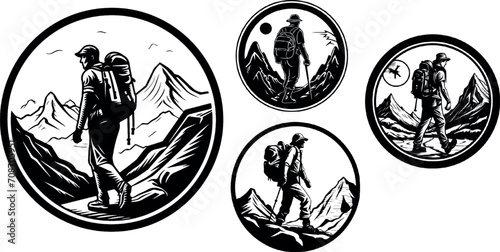 hiking, vintage logo line art concept. great set collection clip art hiker silhouettes , Black vector illustration on white background V1 photo