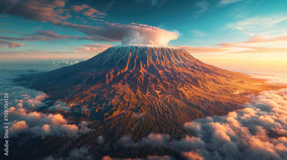 arid dry African savanna in late evening with Mount Kilimanjaro