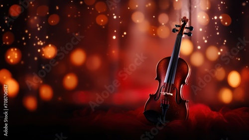 Enigmatic Violin on Stage: A Symphony of Lights and Shadows, Horizontal Poster or Sign with Open Empty Copy Space for Text 